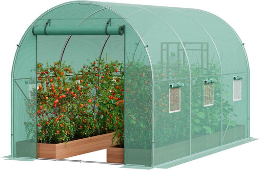 VEVOR Walk-in Tunnel Greenhouse, 11.3x6.4x6.3 ft Hoop House Greenhouse Tunnel, Plant Hot House with Galvanized Steel Frame, Green PE Cover, Roll-up Zipper Door and 6 Windows for Outdoor
