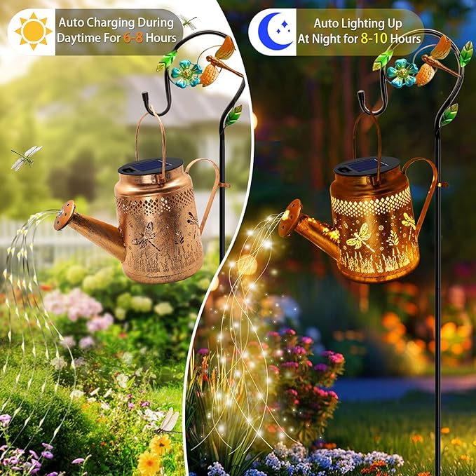Solar Lights Outdoor Garden Decor, Dragonfly Hanging Watering Can Landscape Lights Waterproof Yard Decorations for Outside Porch Patio Backyard, Gardening Gift for Mom Grandma Women Birthday