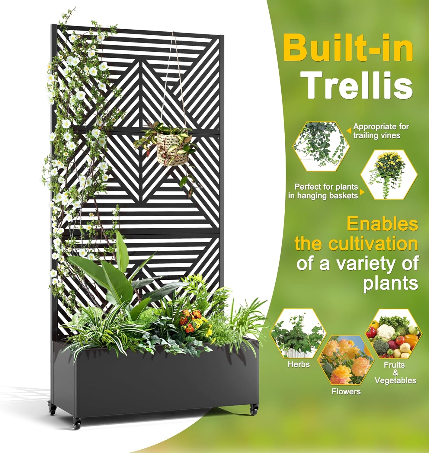 FENCY Metal Raised Garden Bed with Wheels and Trellis,73"x35"x16" Planter Box for Climbing Plants, Vegetables & Vines, Features Privacy Screen and Drainage Holes (Black-Modern)