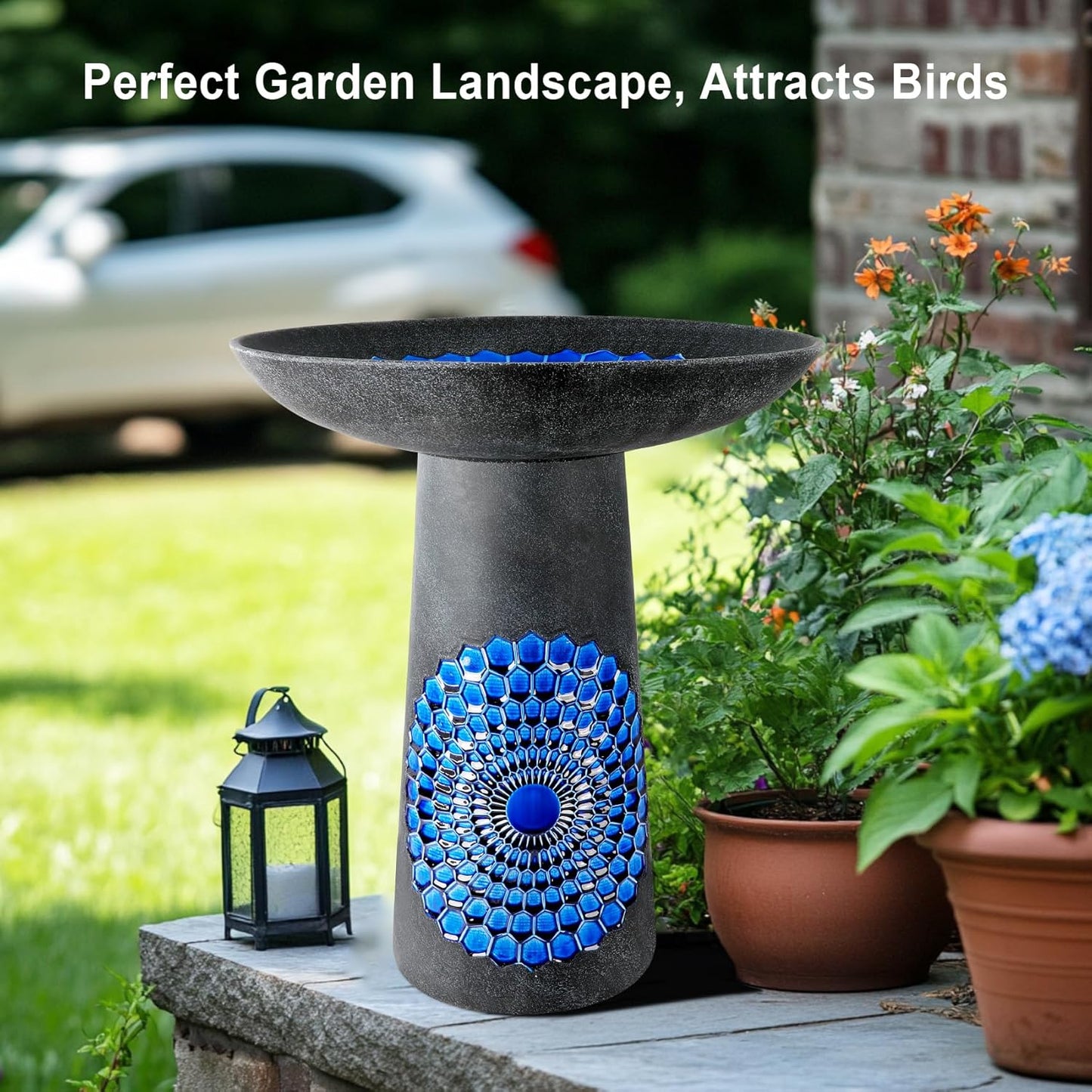 21.5'' Tall Ceramic Bird Bath for Outdoor, Heavy Duty - Cold-Weather Resistant Bird Bath, Garden and Patio Décor - Diamond Blue