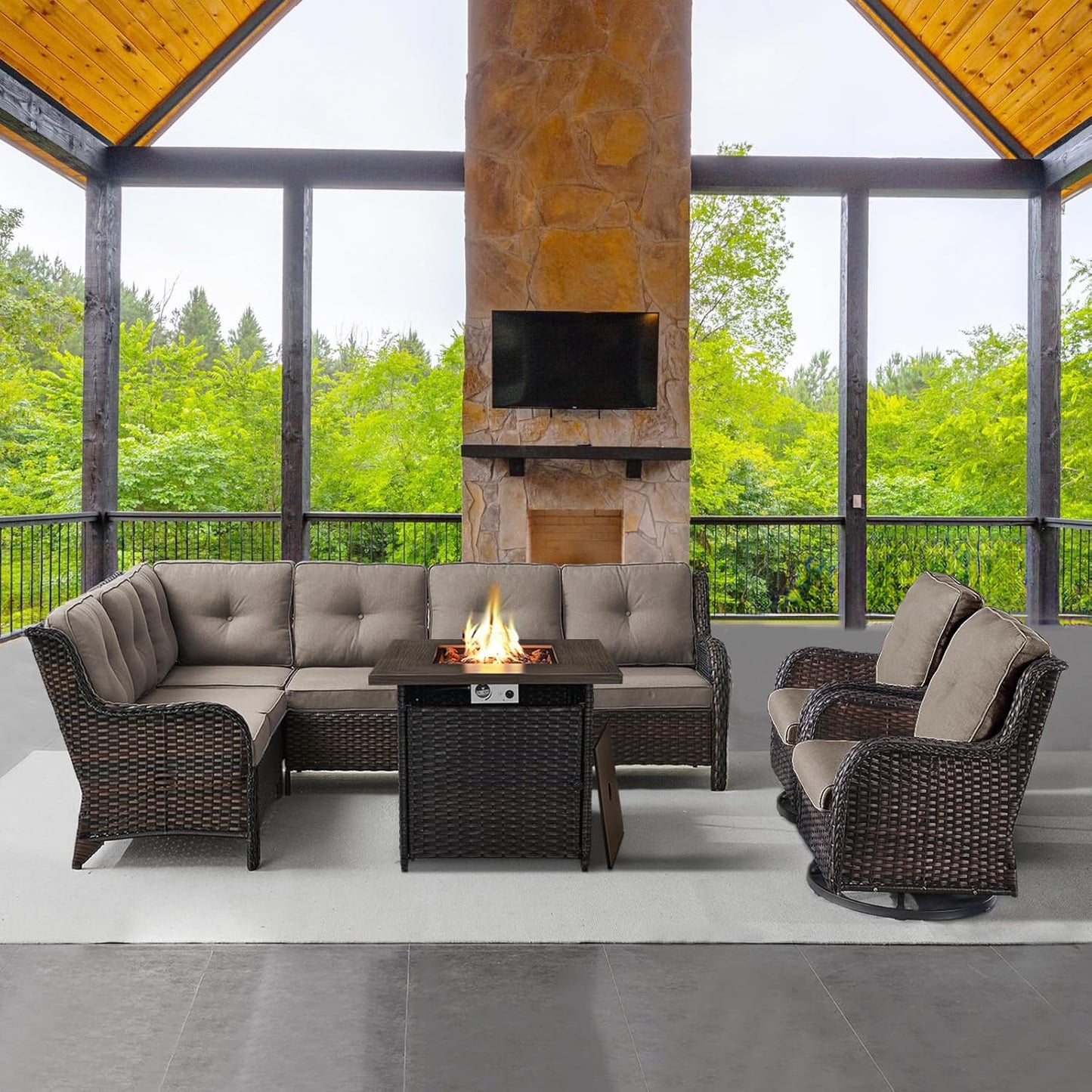 Outdoor Sectional Furniture Sofa Set with Propane Fire Pit Table, Wicker Patio Conversation Set with 2 Swivel Rocker Glider Chairs Grey Cushion Perfect for Backyard Casual Gathering