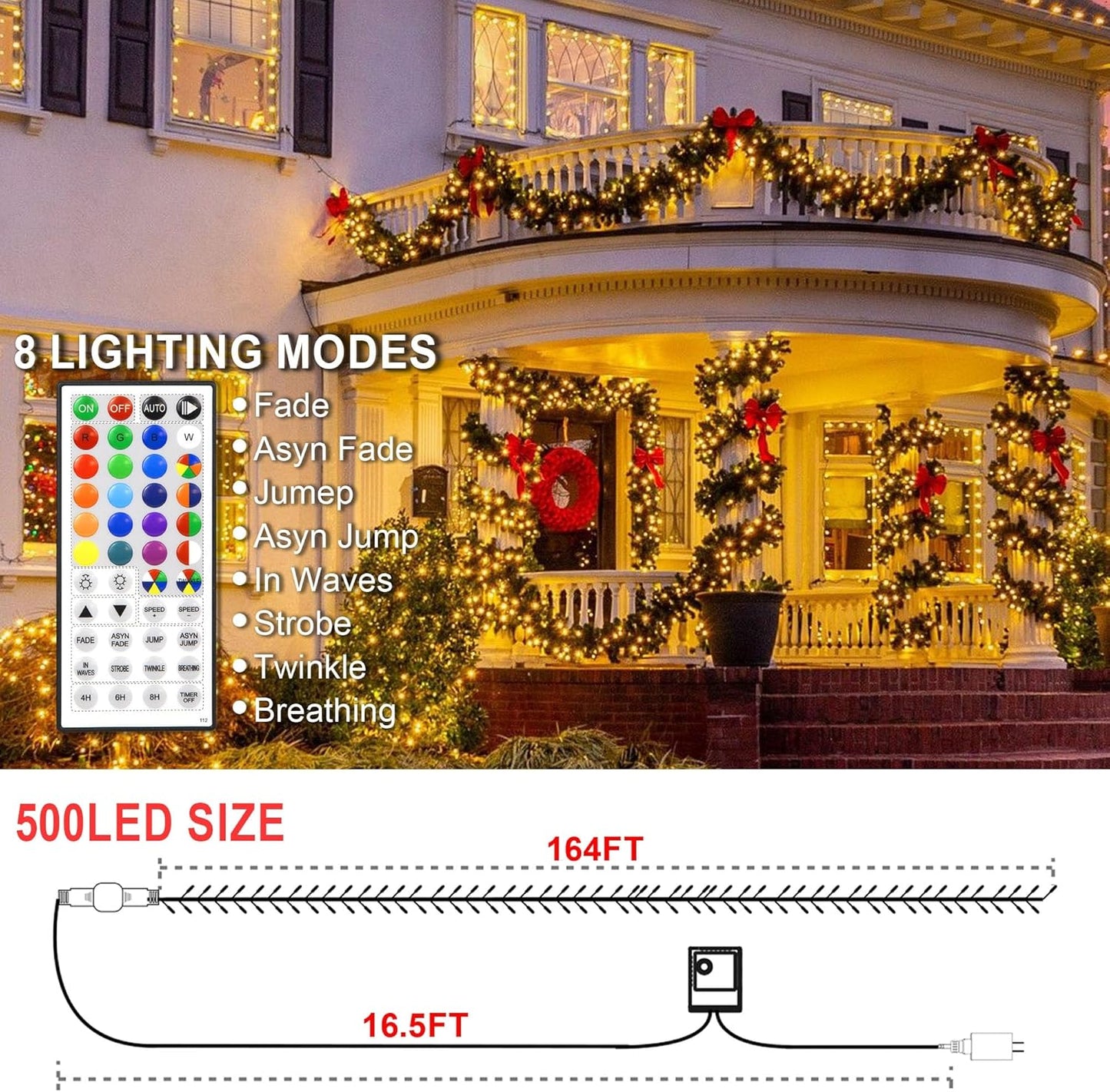 164 FT 500 LED Christmas String Lights, Waterproof RGB String Lights with Remote Control&Timer Function, 24 Colors Changing Fairy Lights for Indoor Outdoor Room Wall Christmas Tree Party Decoration