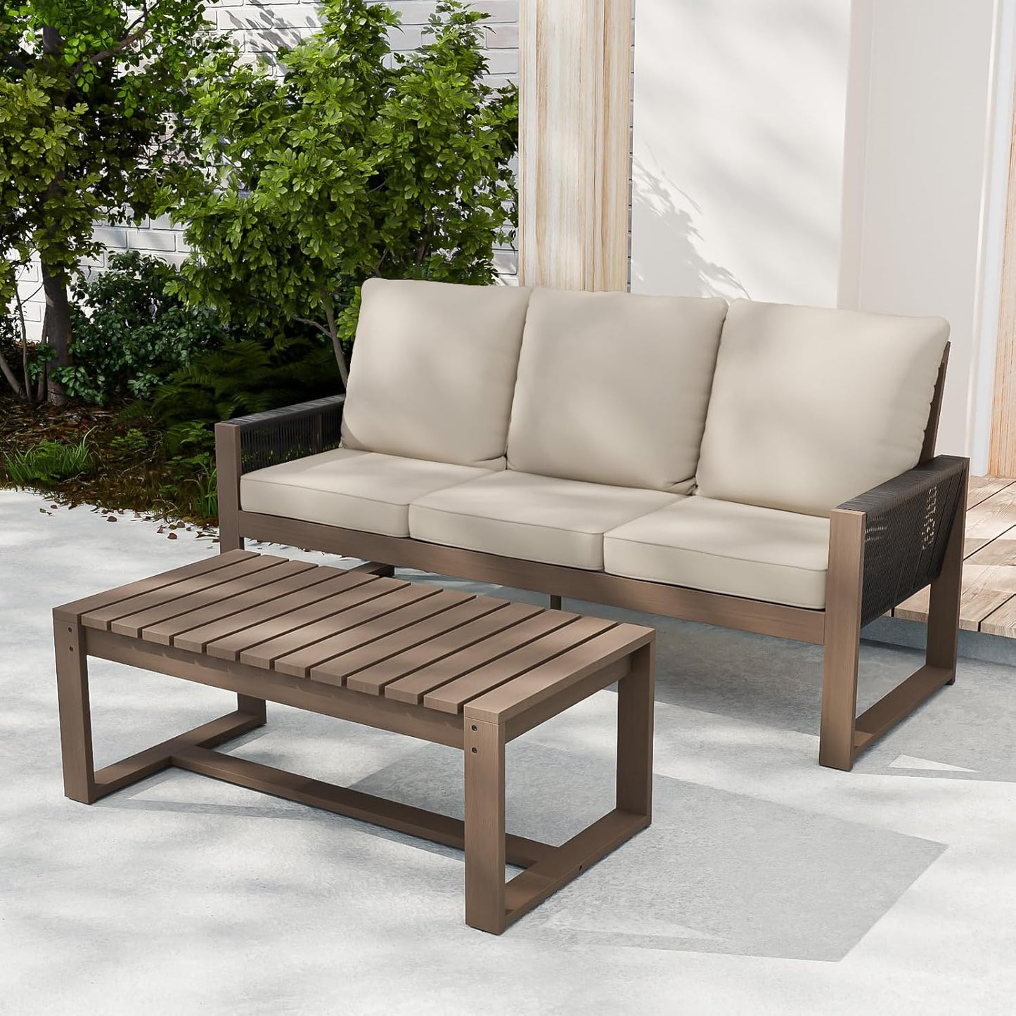 EAGLE PEAK Natural Wood Outdoor Patio Furniture, Cedar Furniture, Conversation Set, Outdoor Seating for Deck Patio Porch, Sofa & Coffee Table, 2 Pieces, Brown/Beige