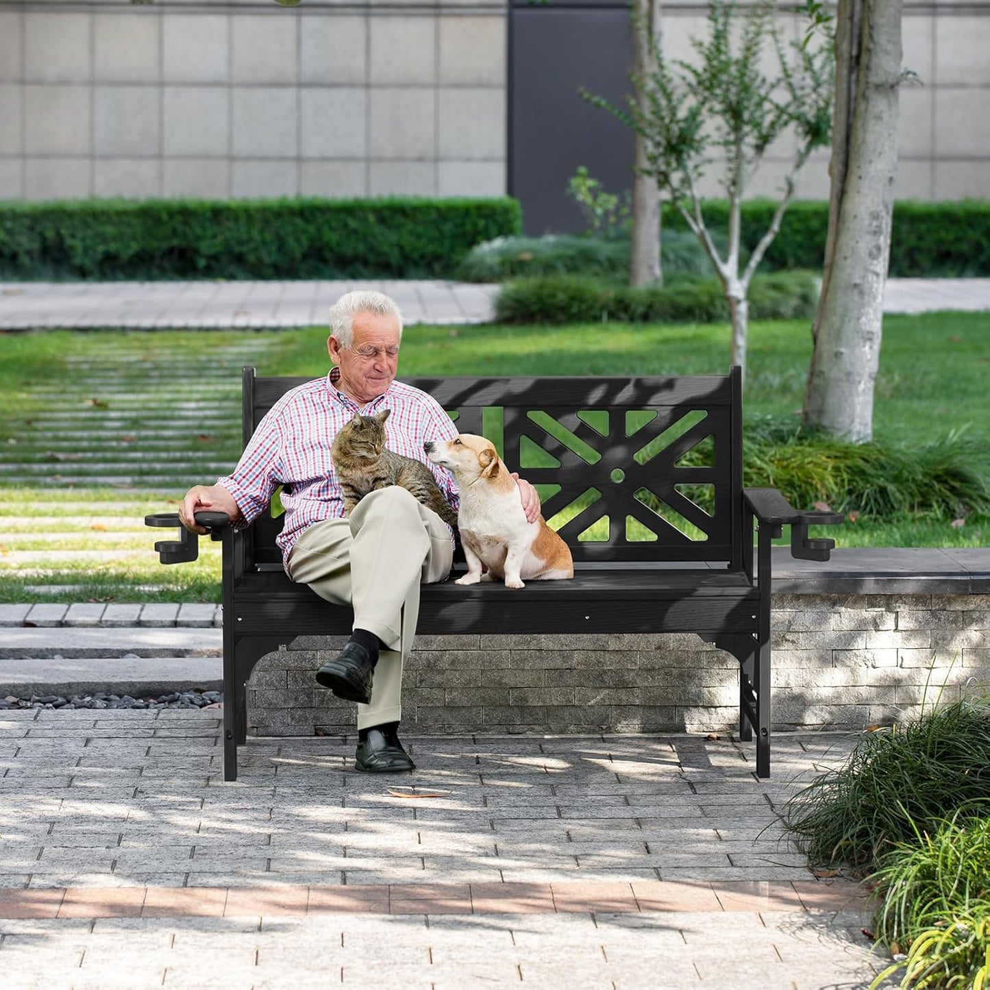 nalone Outdoor Bench with Cup Holders, HDPE All Weather Porch Bench Load up to 800 Lbs, 2-Person Garden Benches Rot-Proof Fade Proof for Patio, Porch, and Park (Black)