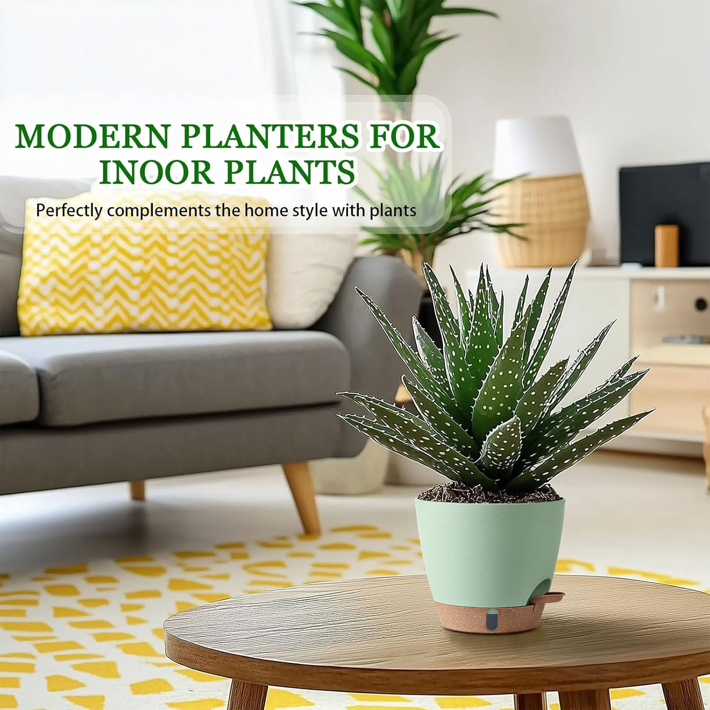 2 Pack 8 Inch Pots for Plants Indoor, Plastic Self Watering Planters with Drainage Holes, Water Level Indicator & Deep Reservoir, Decorative Flower Pots Indoor Outdoor Use (Green