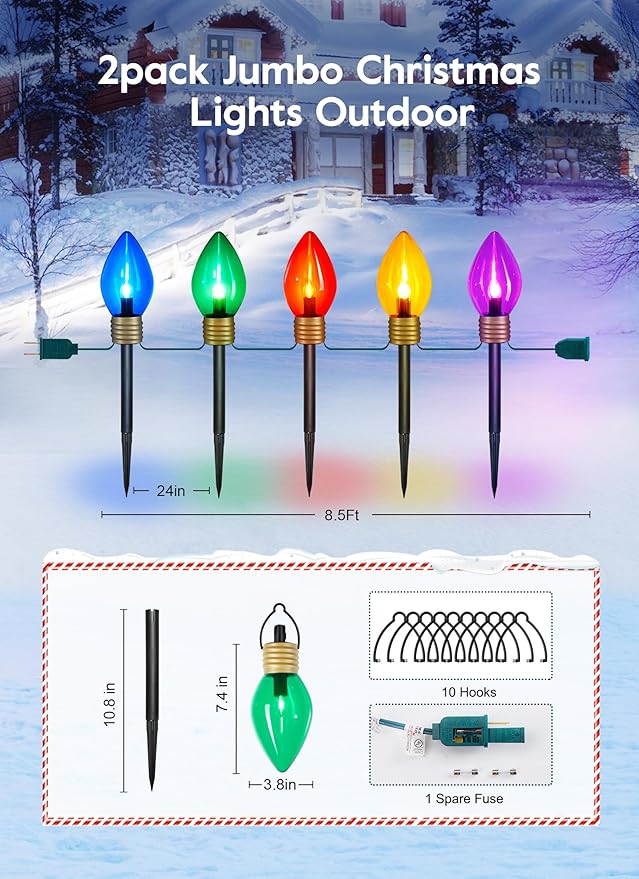 Christmas Lights Jumbo C9 Outdoor Lawn Decorations with Pathway Marker Stakes, 2 Pack 8.5 Feet String Lights Covered Jumbo Multicolored Light Bulb for Holiday Outside Yard Garden Decor, 10 Lights