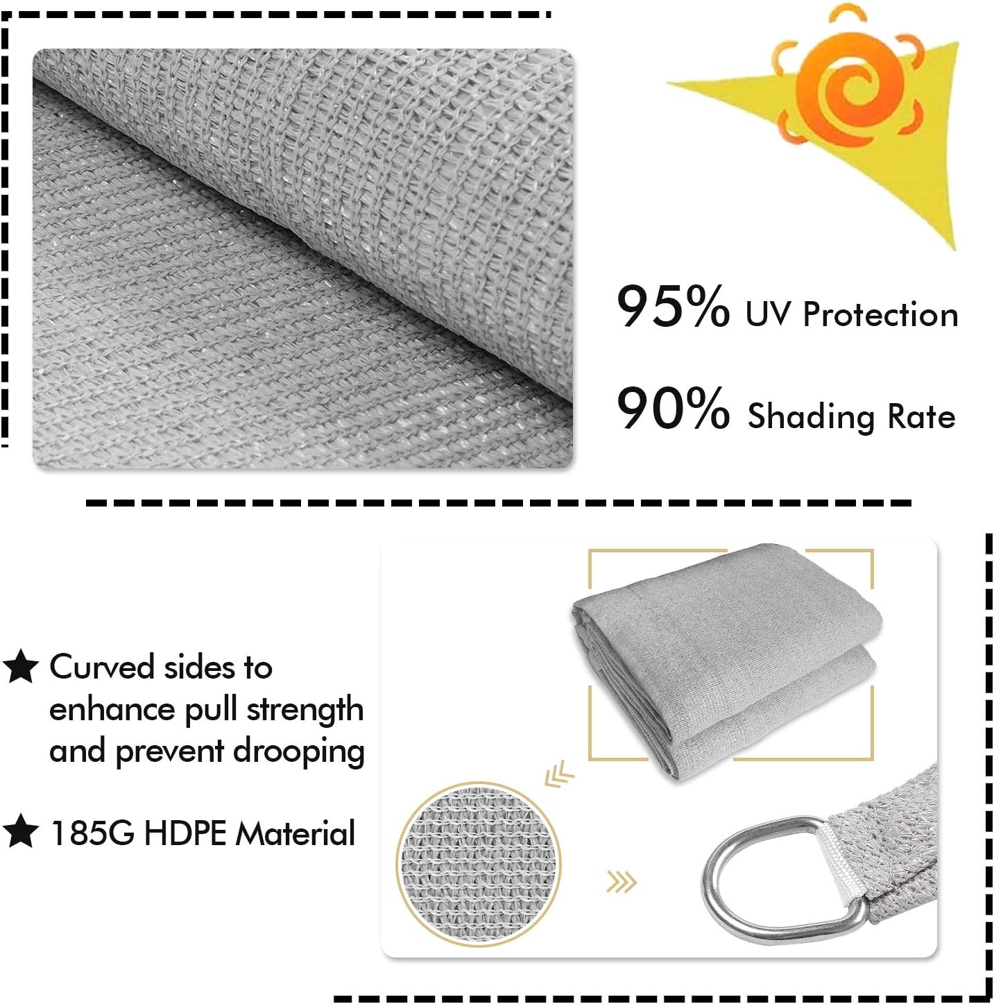 KANAGAWA Sun Shade Sail 16'x16' Gray Rectangle UV Block Canopy Cover for Patio Backyard Lawn Garden Outdoor Activities