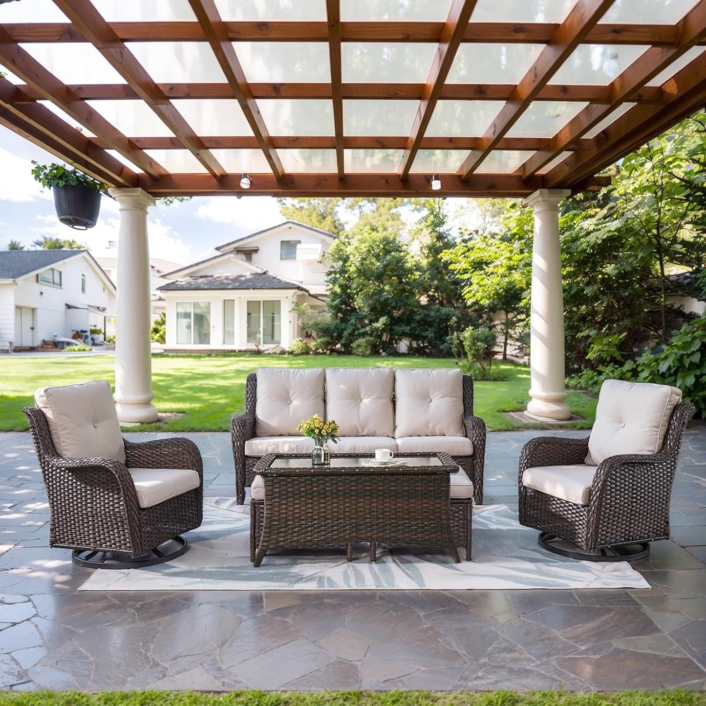 Wicker Outdoor Furniture Patio Furniture Set - 6 Piece Patio Conversation Set with Swivel Rocker Chairs, Rattan Sofa, Ottomans and Coffee Table, Beige Cushion