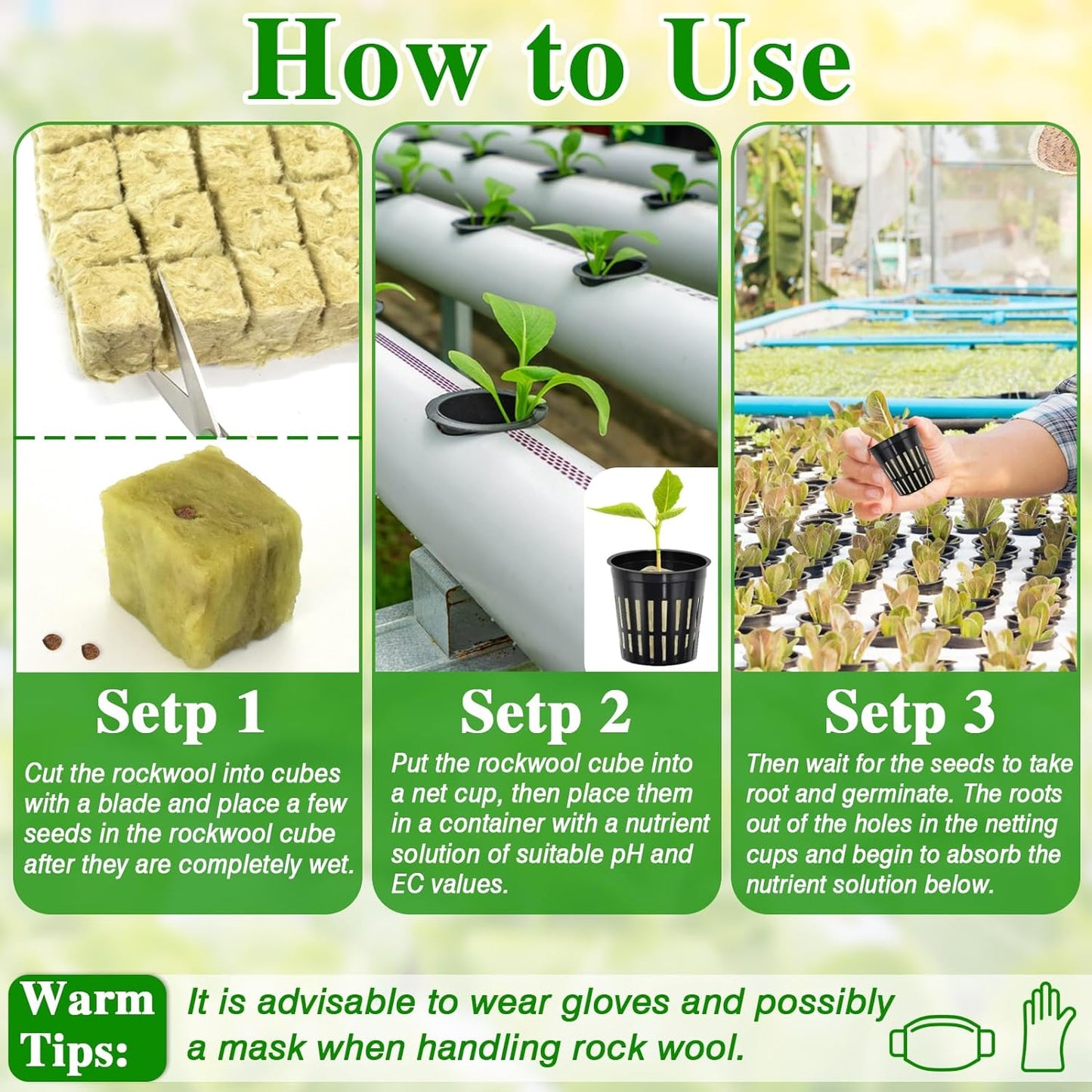 Halatool 144PCS 1.2-Inch Rockwool Cubes with 120PCS 2-Inch Net Cups for Hydroponics Great Hydroponic Kit for Cuttings Clone Plant Propagation Seed Starting & Soilless Cultivation