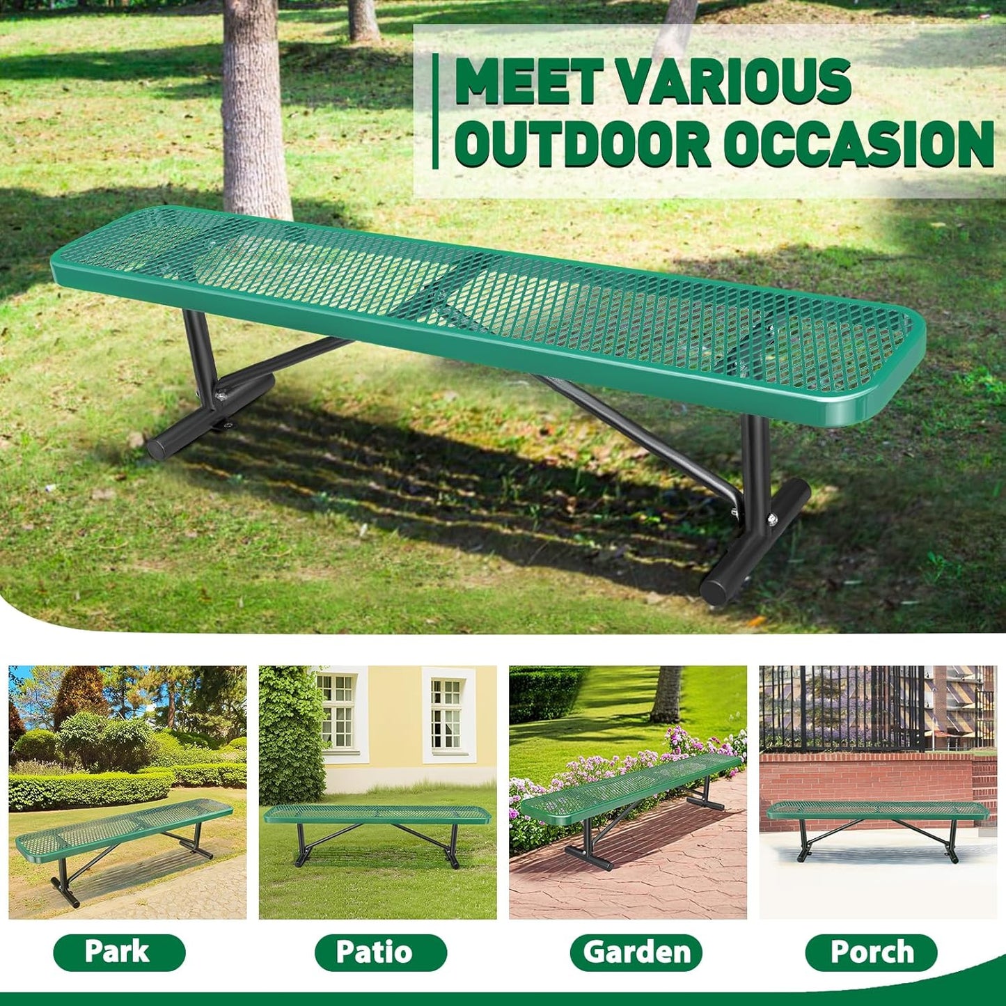 Thermoplastic Coated Iron Park Bench for Outside, Heavy Duty Metal Garden Bench, Expanded Commercial Grade Seating for Shopping Malls, Lawn Yard Porch Entryway (Green without Backrest, 72IN)