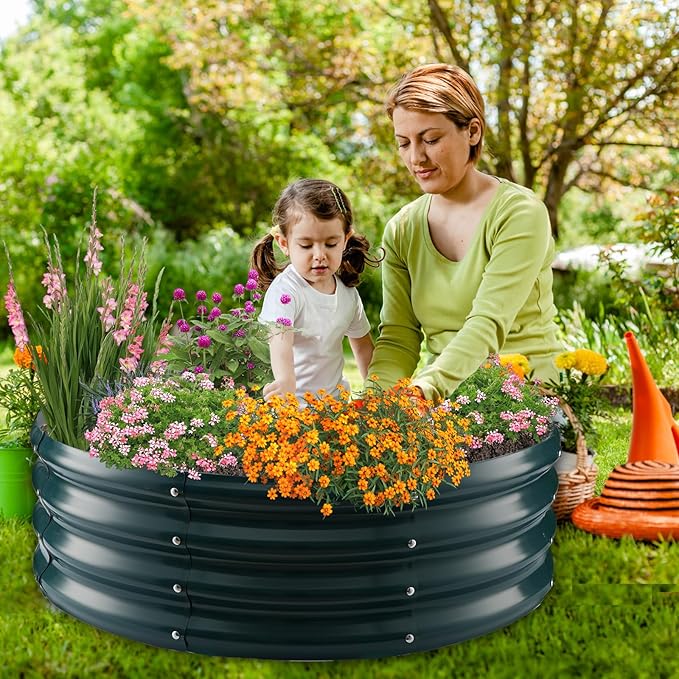 Galvanized Raised Garden Bed for Gardening - 3x3x1ft Round Thickened Metal Planter Box Outdoor for Vegetables, Flowers,Herbs,Above Ground Garden Containers Green
