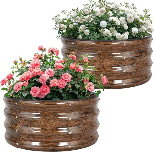 Galvanized Raised Garden Bed- 2Pcs 2x2x1FT Metal Planter Boxes Outdoor | Round Steel Raised Bed Kit & Fire Pit Ring for Gardening with Protective Tape, Gloves for Vegetables (Wood Grain)