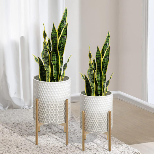 Oakrain Mid Century Planters for Indoor Plants, Set of 2, Modern Decorative Metal Pots for Living Room, Office, Garden or Balcony, Gray and White Gradient Planter with Stand, 8 inch&10 inch
