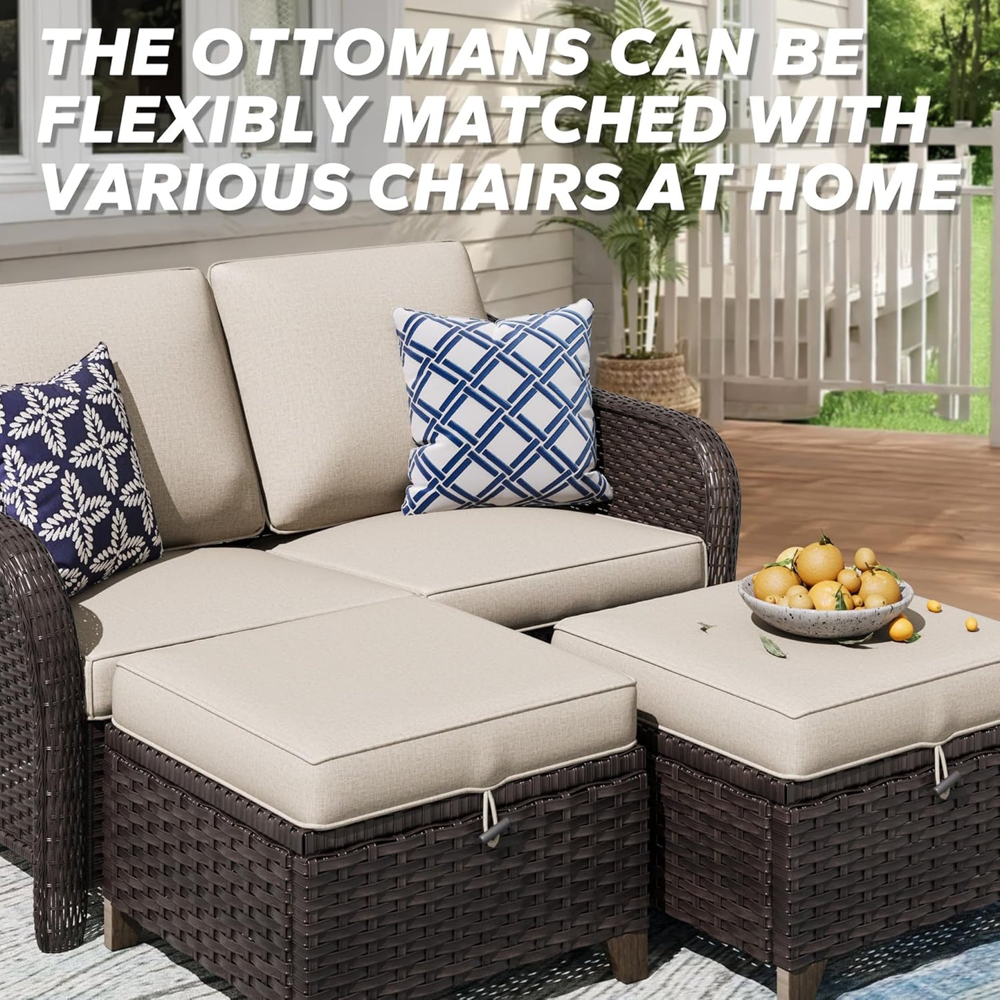 2 Pieces Patio All-Weather Wicker Ottomans with Cushions, PE Rattan Outdoor Conversation Furniture Set for Backyard, Deck, Lawn (Beige)