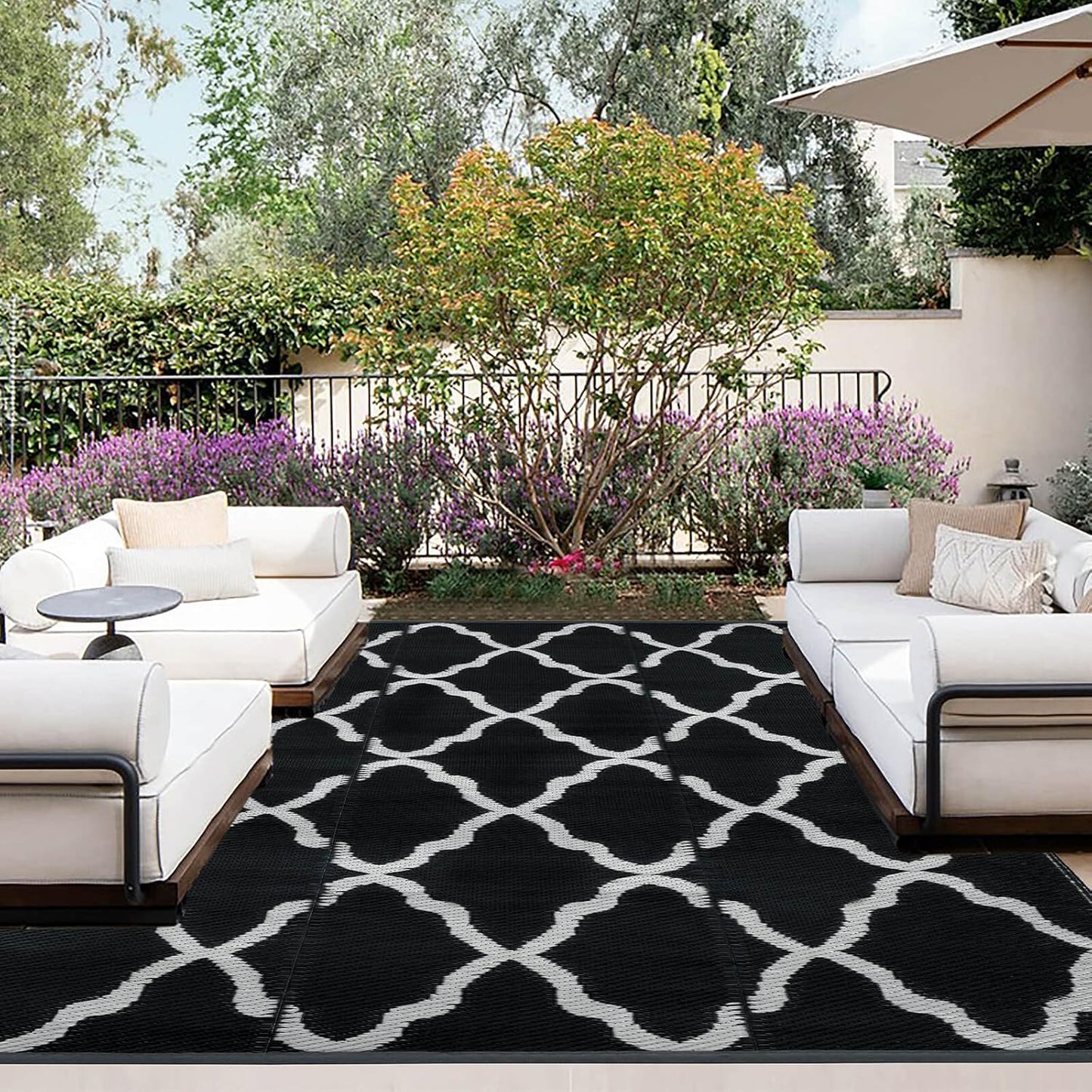 OutdoorLines Outdoor Plastic Area Rugs for Patio 6x9 ft - Reversible Outside Carpet, Stain & UV Resistant RV Mats, Straw Rug for Camping, Deck Garden, Porch and Balcony, Moroccan Black & Light Grey