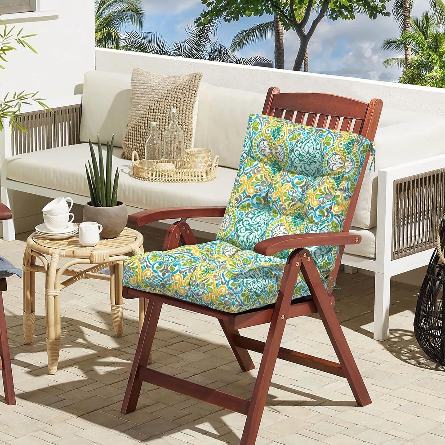 LVTXIII Outdoor Tufted Low Back Cushions, Solid Fluffy Seat and Back Chair Cushion with Ties, Patio Replacement Rocking Chair Cushion for Outdoor Furniture Use, 21 W x 21D, 2 Pack, Damask Green