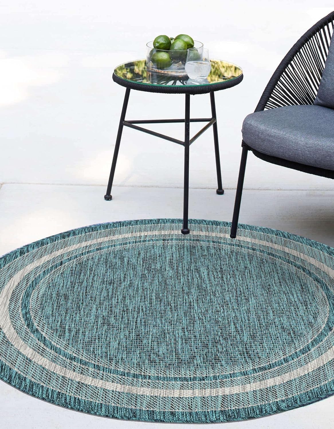 Unique Loom Outdoor Border Collection Area Rug - Soft Border (13' Round, Teal/ Ivory)
