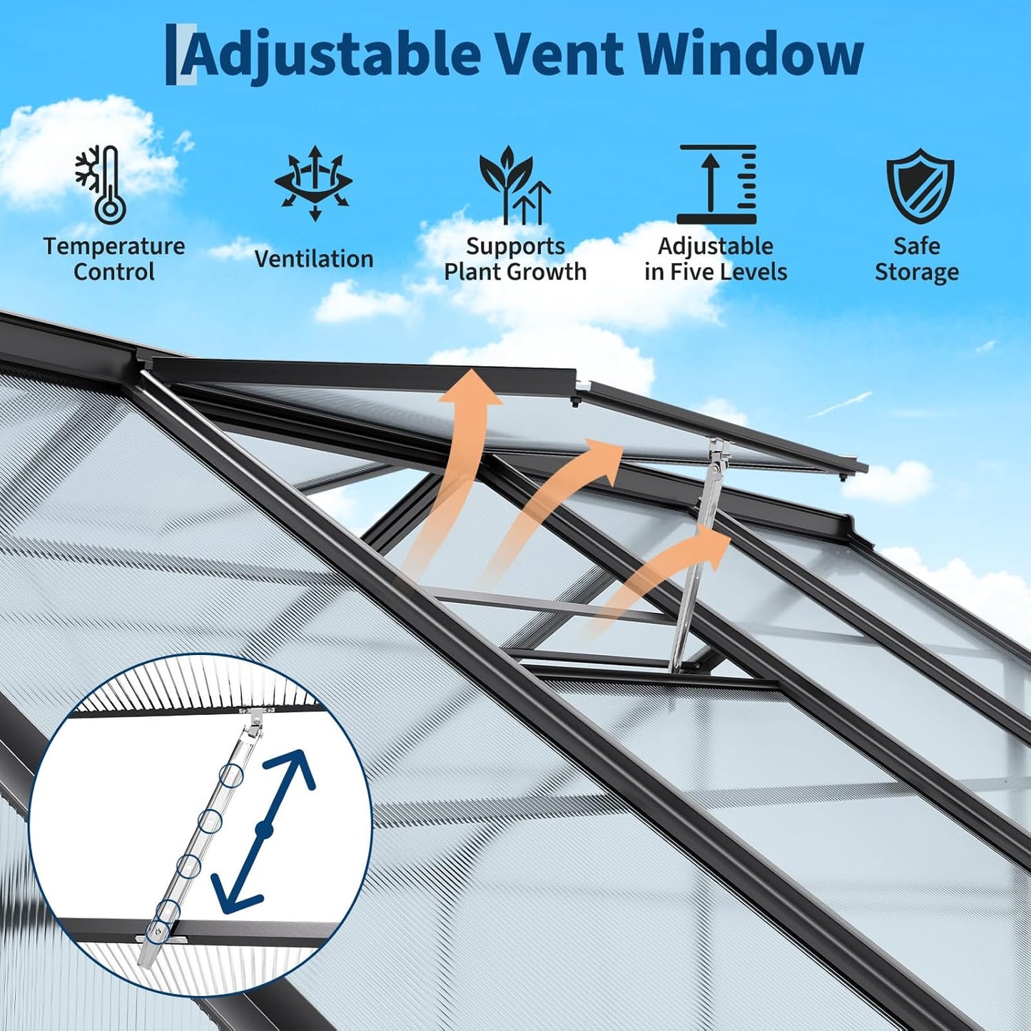 6x8FT Polycarbonate Greenhouse - Walk-in Outdoor Aluminum Frame Greenhouse with Roof Vent, Lockable Push Door for Garden, Backyard, Patio & Lawn(Black)