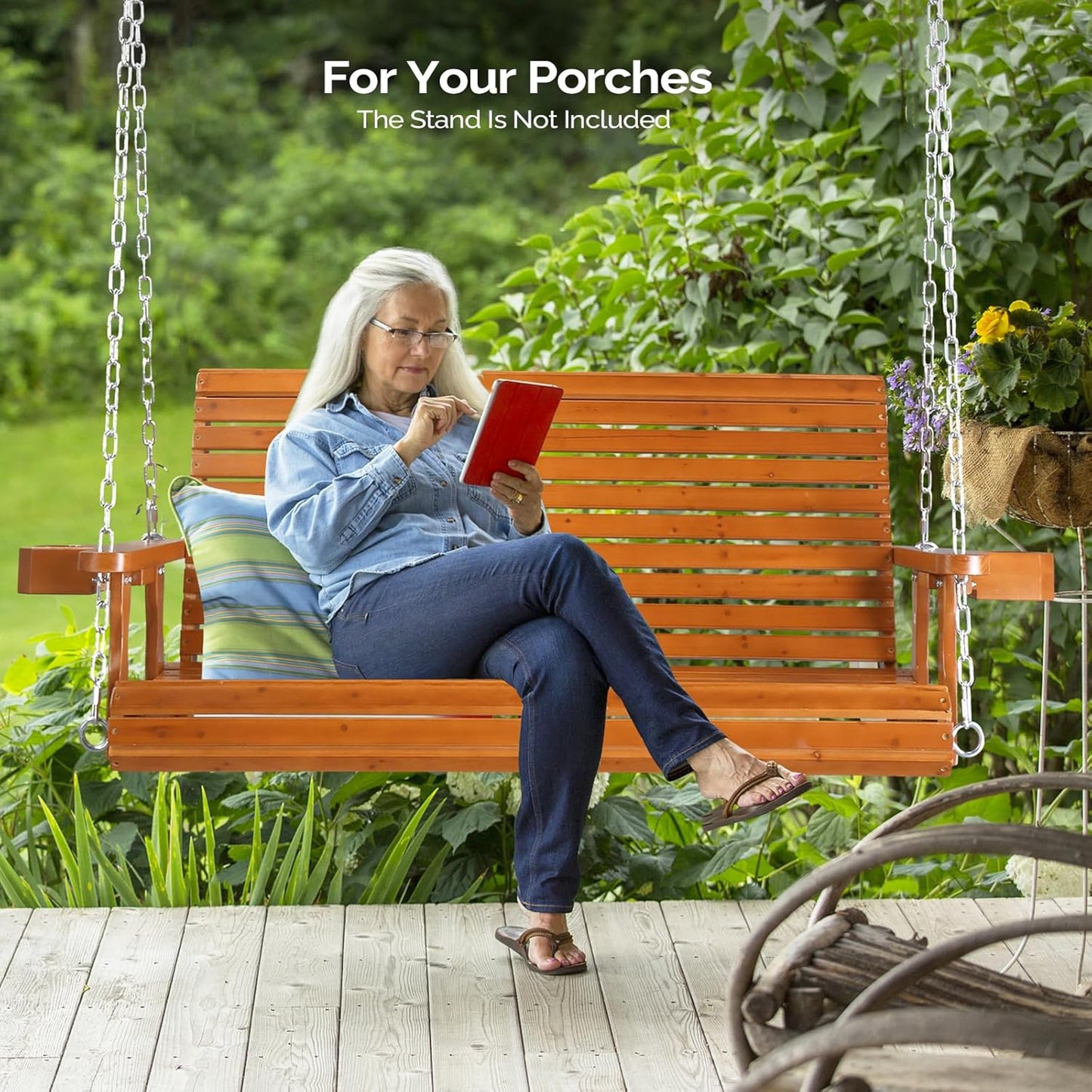 VINGLI XL Size Patio Wooden Porch Swing Outdoor with Cup Holders, Heavy Duty 880 LBS Hanging Swing Chair Bench with Hanging Chains for Yard, Lawn, Garden (4 FT Pro, Brown)