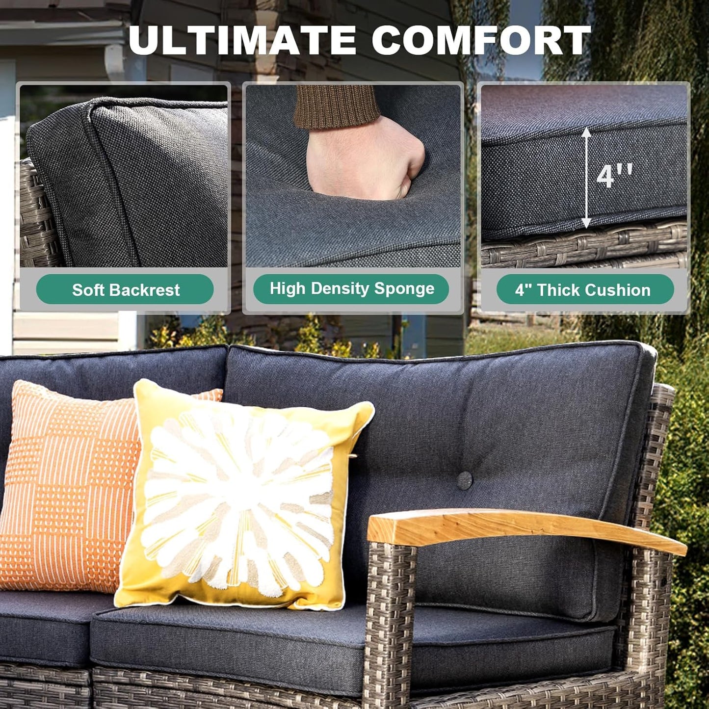 9 Piece Outdoor Patio Furniture Set, Half-Moon Curved Sectional Sofa Rattan Conversation Set with Wood Armrests, Coffee Table & Side Table（Grey）