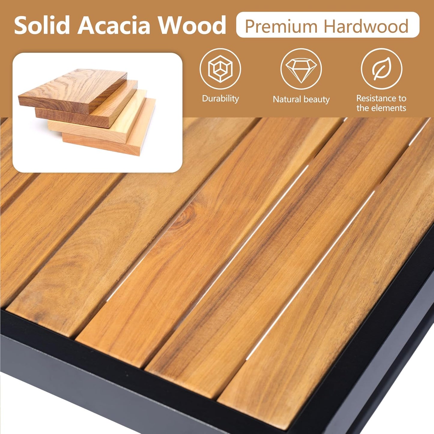 Outdoor Patio Furniture Set, 4-Piece Acacia Wood and Metal Patio Sofa Corner Set with Coffee Table, Modern Conversation Set for Backyard Porch Garden Balcony