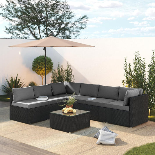 7 Piece Patio Furniture Set, Outdoor Couch Set—All-Weather Outdoor Furniture Sectional w Water Resistant ThickCushions, Patio Sofa Set w 2 Extra Pillows and Coffee Table, Deep Gray/Black