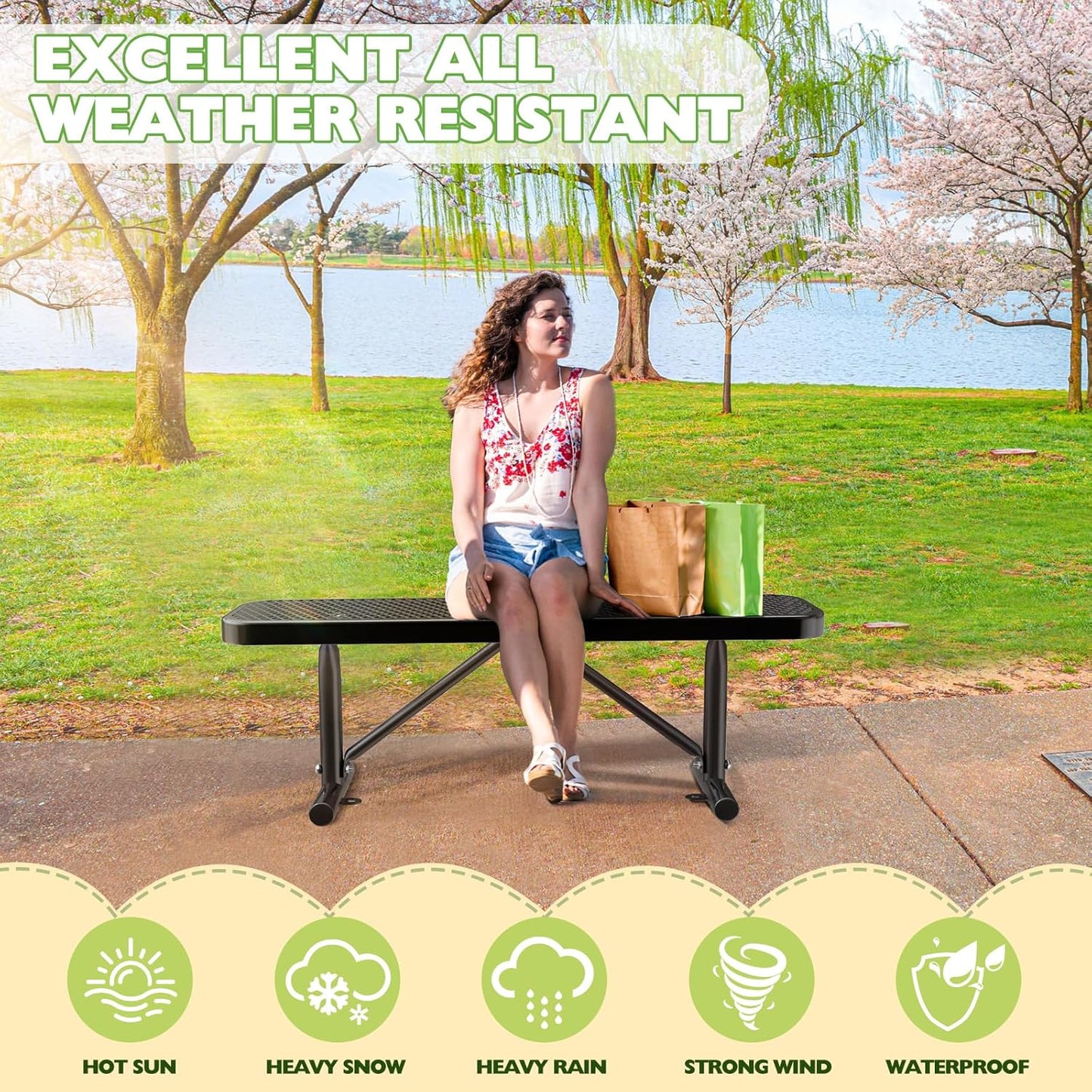 Heavy-Duty Park Bench or Table for Outside - Black Coated Outdoor Furniture Steel Bench, Commercial-Grade Outdoor Benches Weatherproof for Park, Patio, Porch (Black, 4FT (Without Backrest))