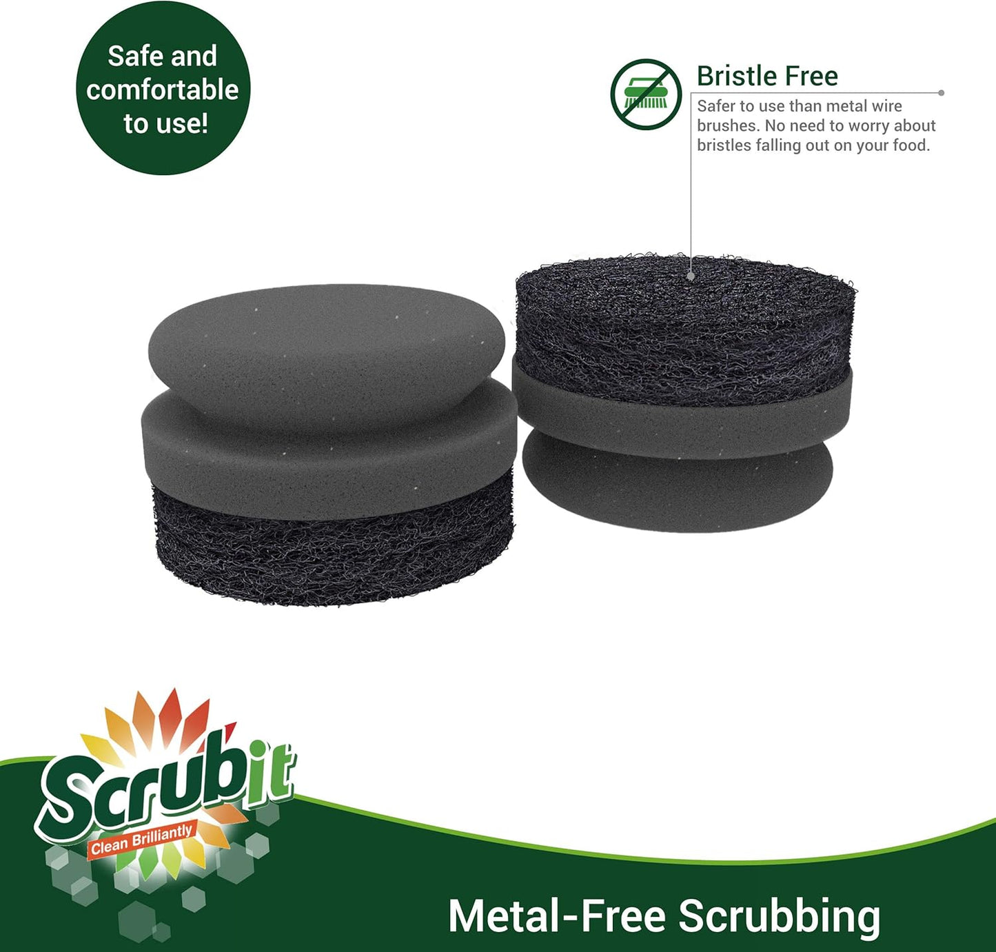 SCRUBIT Grill Cleaning Brush - Grill Sponge Bristle Free BBQ Cleaner with Heavy Duty Scrubber Pad, Safe Cast Iron and Griddle Scraper Pads, Ideal Accessories for Charcoal and Gas Grills - 2 Pack