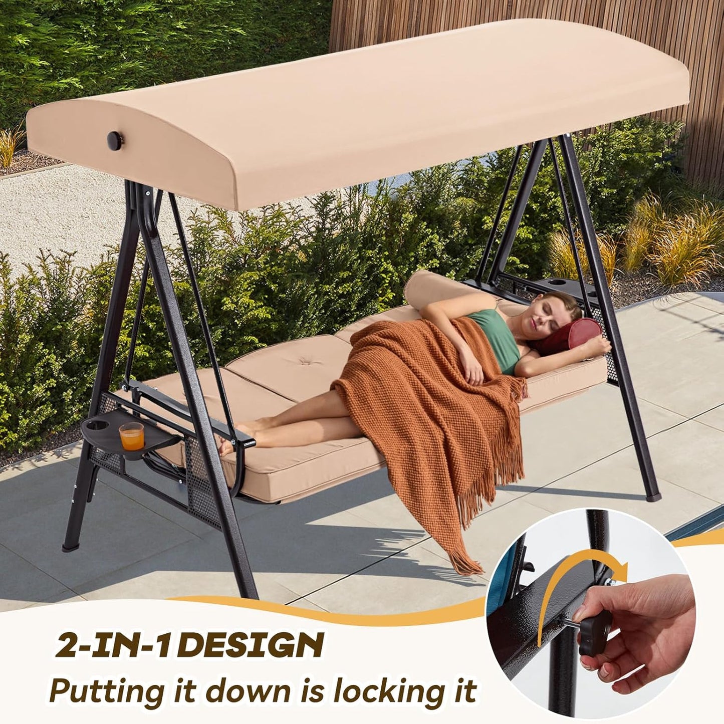 3 in 1 Outdoor Porch Swing with Adjustable Canopy, 3 Seat Outdoor Swing for Adults, Patio Swing Chair with Thickened Cushions,Pillows & Cup Holders for Backyard, Porch, Garden(Khaki)