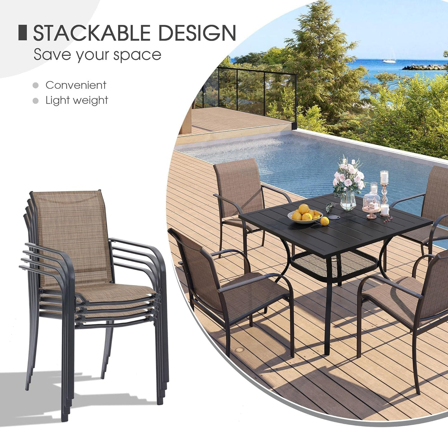 VICLLAX 5 Pieces Patio Dining Set, Outdoor Furniture Set Includes 37.8" Square Outdoor Table and 4 Stackable Patio Sling Chairs, Walnut Tabletop and Brown Fabric