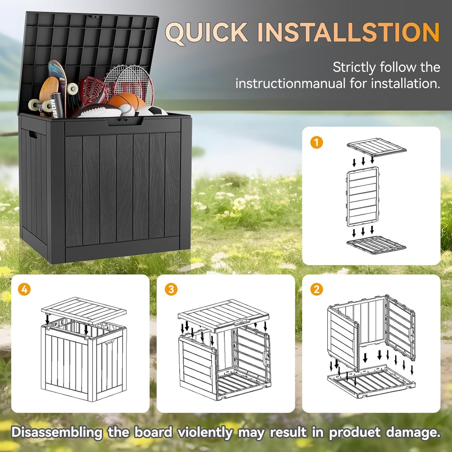 KAMABOKO Deck Box, 32 Gallon Resin Indoor and Outdoor Storage Boxes Waterproof for Garden Tools, Pool Accessories Storage Bench, Patio Furniture and Cushions with Lockable Lid, Black