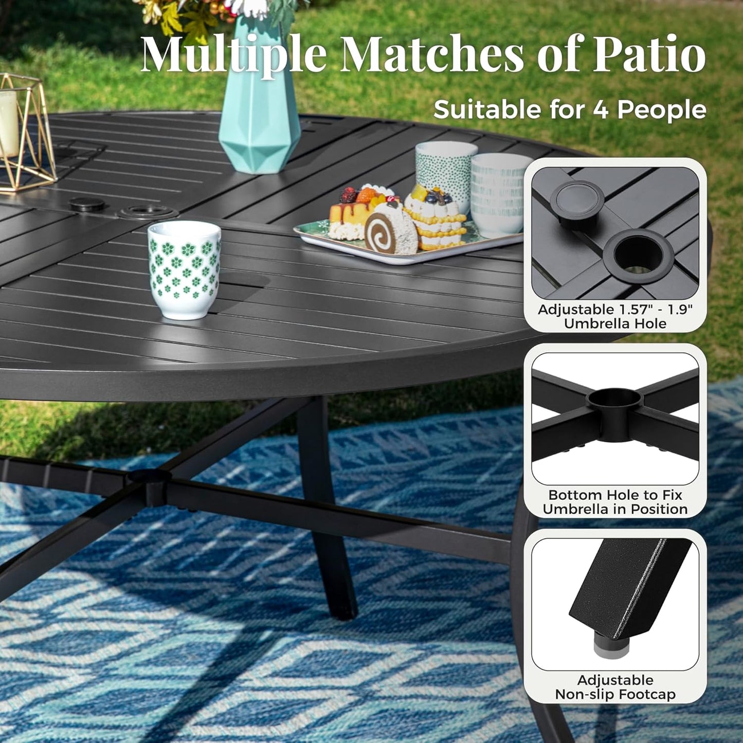 Outdoor Patio Round Dining Table, 42"x 42" Metal Slatted Round Tabletop with Adjustable Umbrella Hole for Deck Lawn Garden Backyard, Black