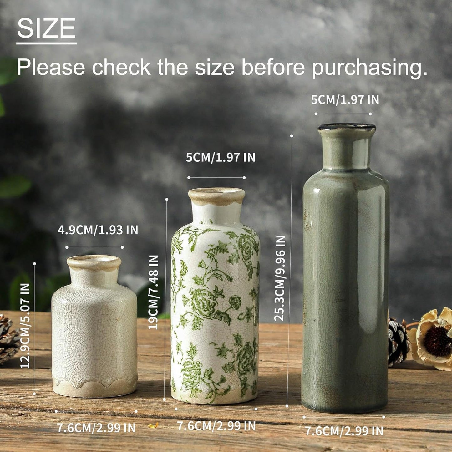 Vintage Vase Set of 3, Ceramic Vintage Flower Vases, Chinoiserie Decorative Home Decor Retro Floral Vase Rustic Farmhouse Decor for Table Bookshelf Mantel Kitchen Living Room Office - Green and Beige