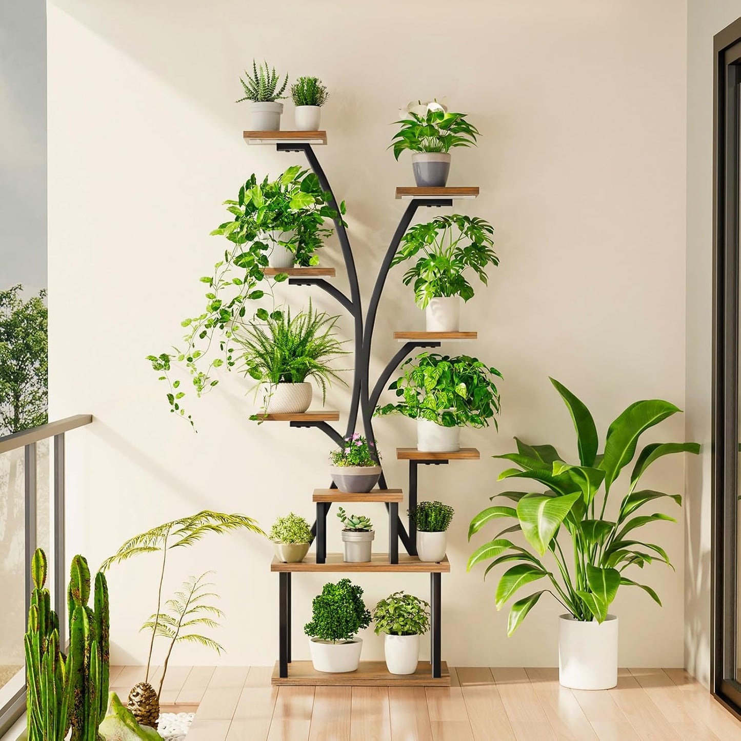 Plant Stand with Grow Light - 9 Tiered Plant Stand Indoor with Storage Drawer for Indoor Plants, 65" Tall Plant Shelf with Grow Light, Curved Corner Plant Shelf Indoor for Living Room, Patio Decor