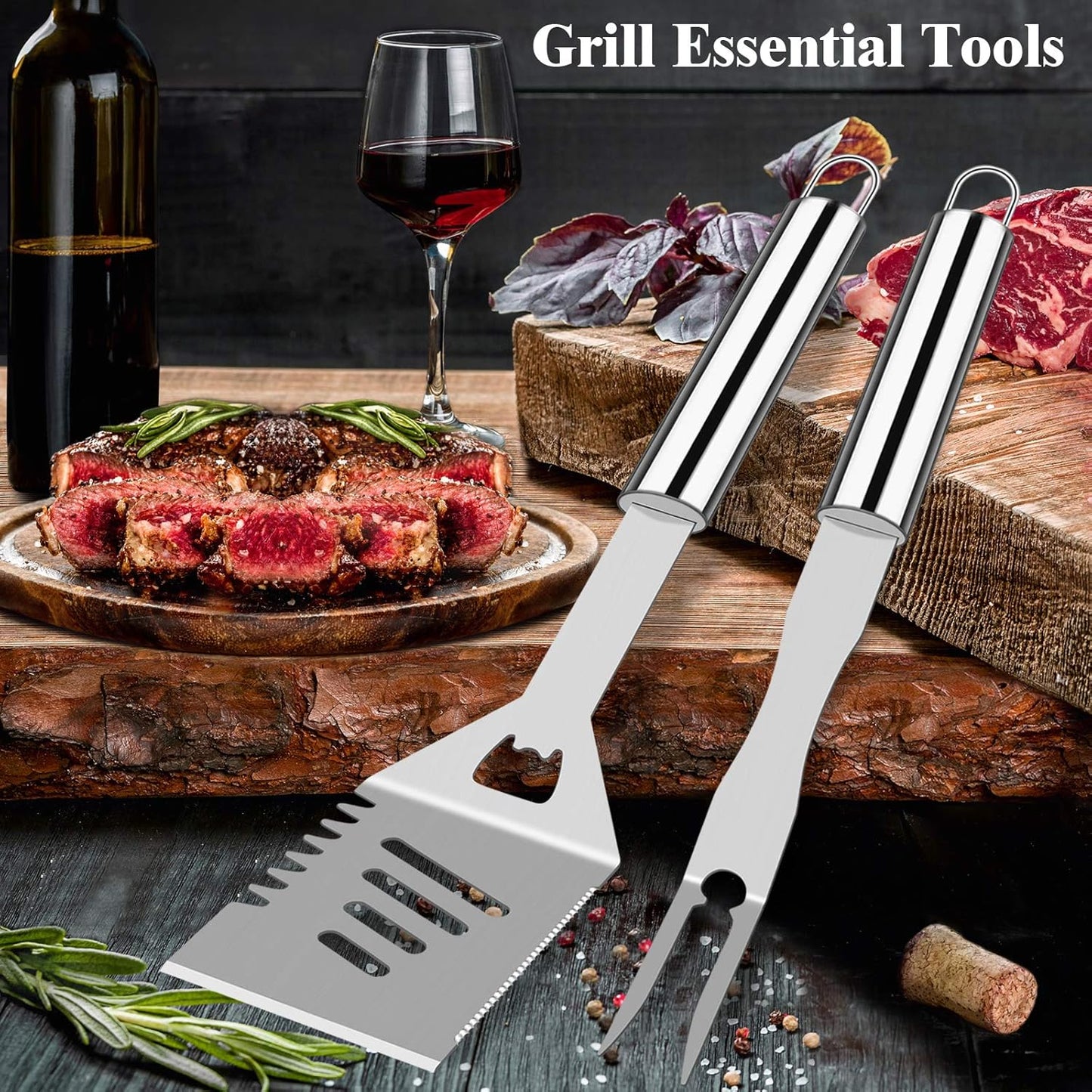 ROMANTICIST 25pcs Extra Thick BBQ Grill Accessories, Fathers Day Grilling Gifts Set for Men Dad, Heavy Duty Grill Tools Utensils Kit with Spatula, Tongs in Aluminum Case for Birthday Silver