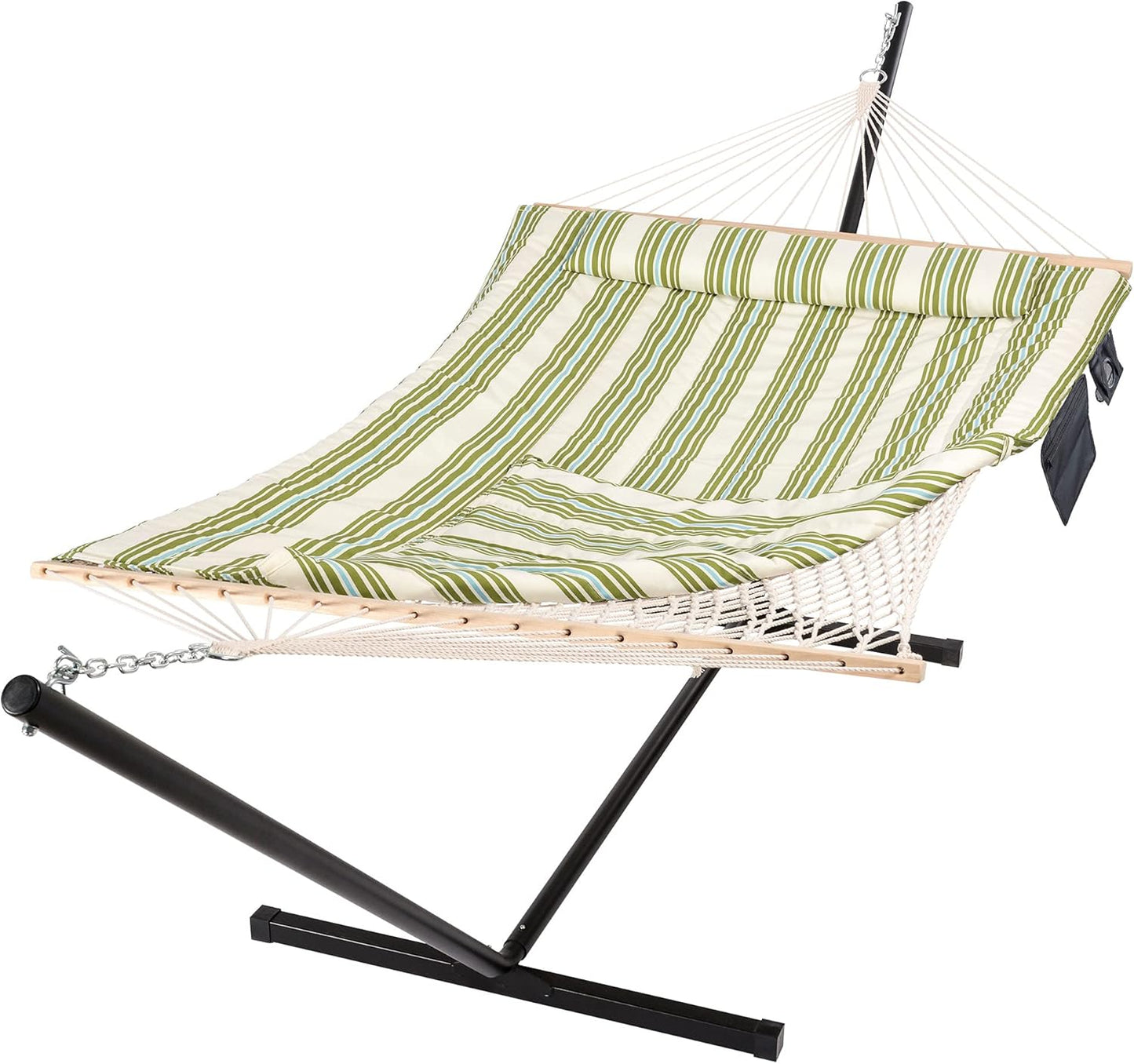 SUNCREAT Cotton Rope Hammock for Two People with Hardwood Spreader Bars, Quilted Fabric Pad & Detachable Pillow, Extra Large Hammock with 12 FT Steel Stand, Ipad Bag & Cup Holder, Green&Beige
