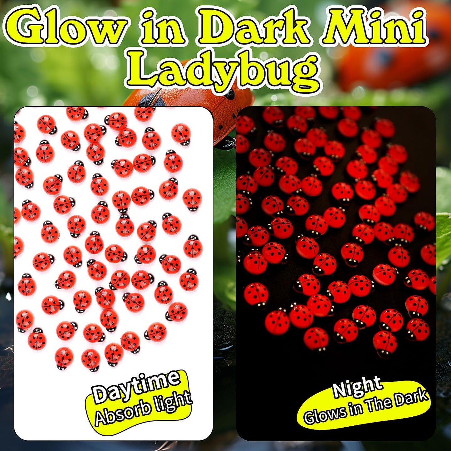 KIMOBER 100PCS Mini Luminous Ladybug Miniature Figurines,Glow in Dark Resin Animals Ladybug Figures for Fairy Garden Micro Landscape Decor Cake Topperr