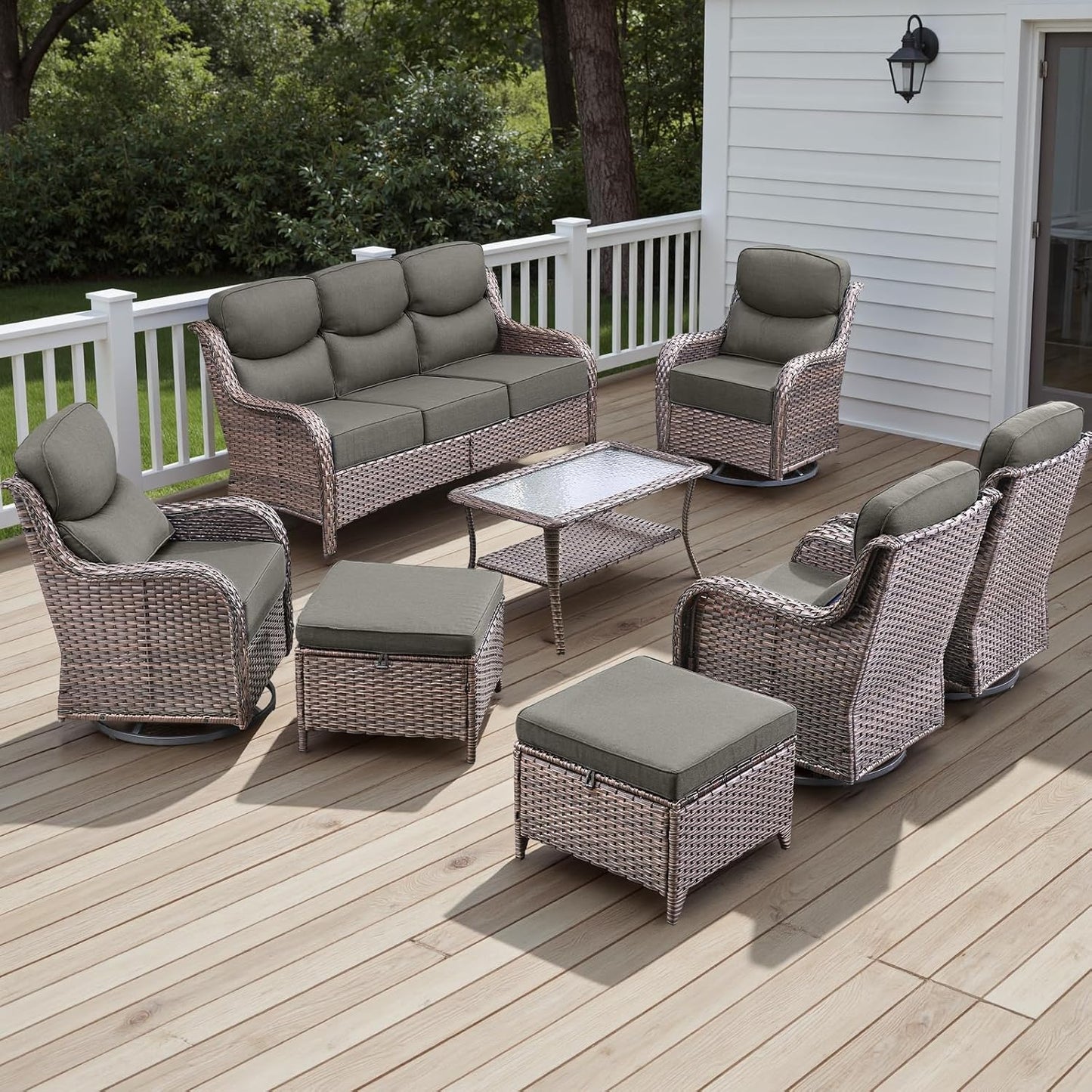 Wicker Outdoor Patio Furniture Set - 8 Piece Patio Conversation Sets with Swivel Rocker Chairs, Ottomans, Sofa and Table, 6 inch Cushions, Deep Seating, for Porch Deck Brown/Grey