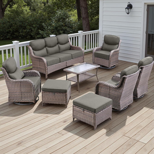 Wicker Outdoor Patio Furniture Set - 8 Piece Patio Conversation Sets with Swivel Rocker Chairs, Ottomans, Sofa and Table, 6 inch Cushions, Deep Seating, for Porch Deck Brown/Grey