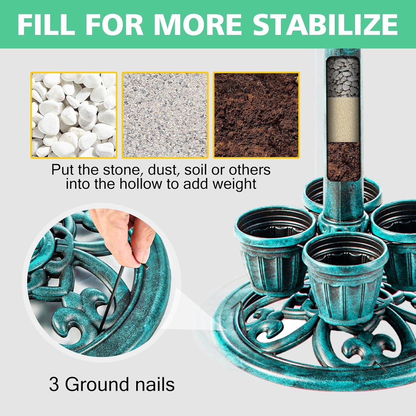 Bird Bath for Outside with 4 Removable Flower Planters 28in Polyresin Lightweight Vintage Birdbath Stake Standing Bowl and Water Feeder Yard Gardan Decor Green