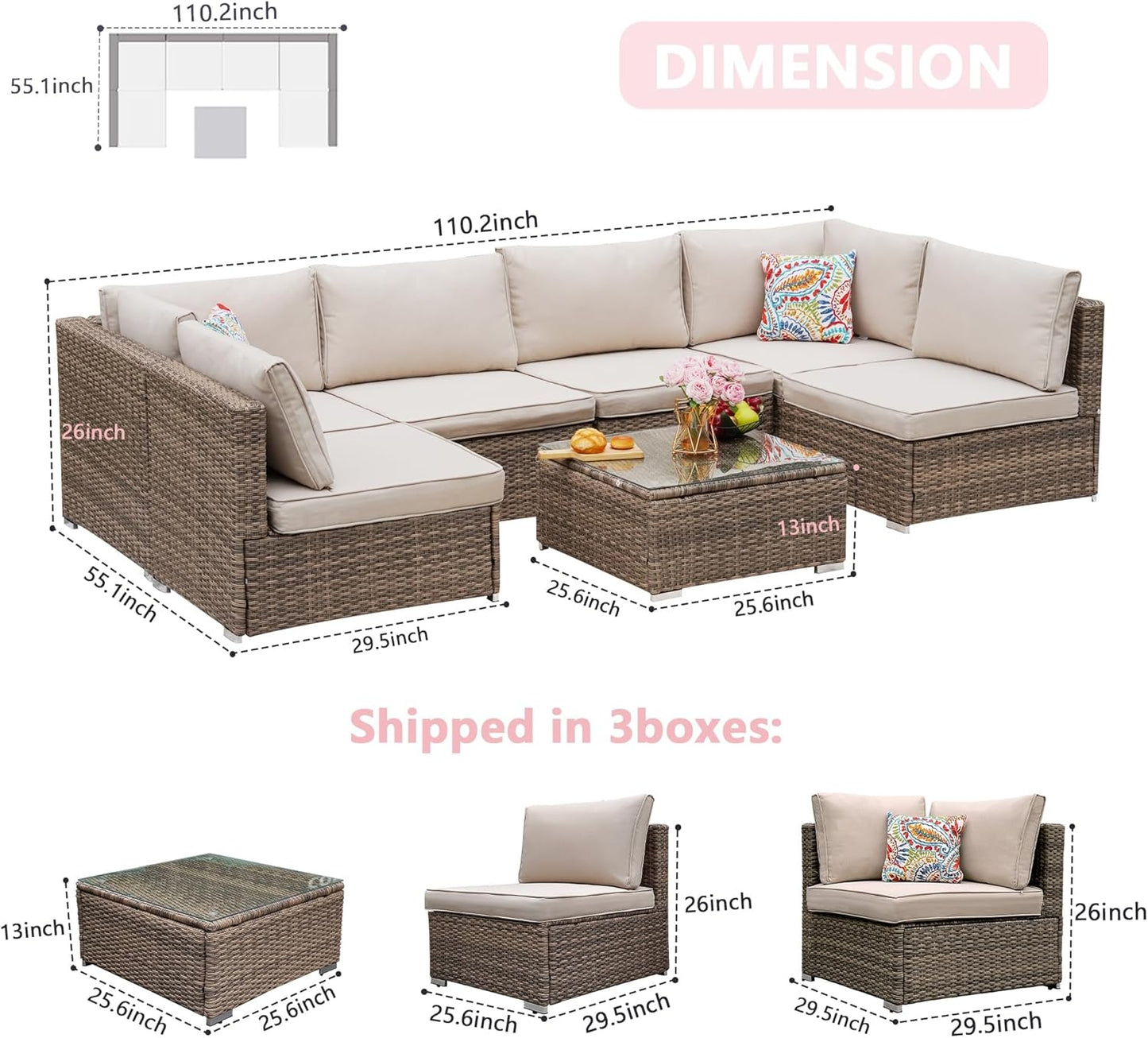 7 Pieces Patio Furniture Set - All-Weather Outdoor Wicker Sectional Conversation Sofa, Rattan Patio Seating Sofa Set with Cushion and Glass Table for Porch Poolside, Brown/Beige