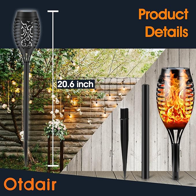 Otdair Solar Torch Lights with Flickering Flame, 12LED Tiki Torch Solar Lights Outdoor, IP65 Waterproof Mini Solar Torch Light Auto On/Off for Garden, Patio, Yard, Pathway, 8 Packs