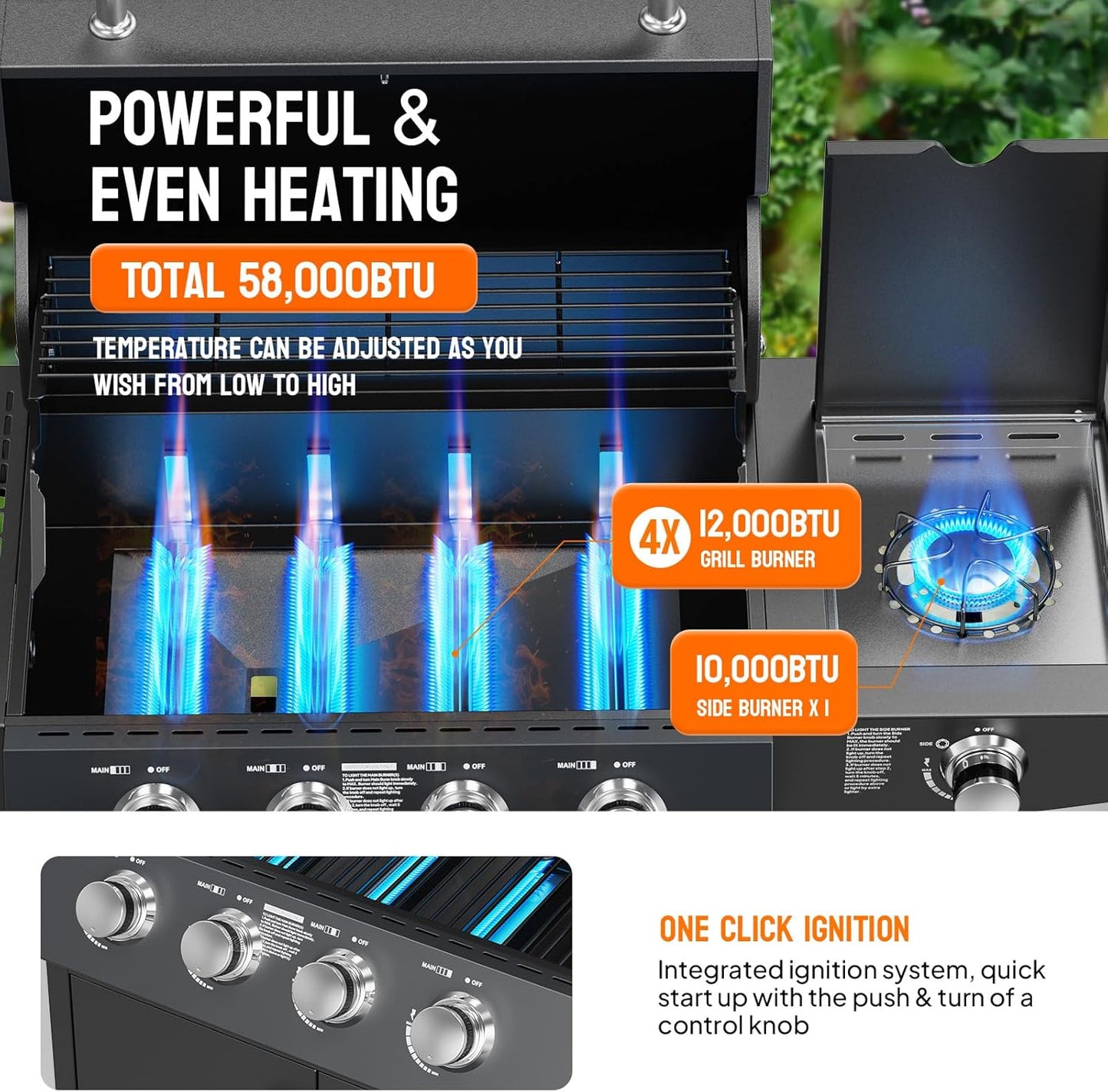 ROVSUN 4 Burner Propane Gas Grill with Side Burner, 58,000BTU BBQ Grills with Enameled Cast Iron Grates, Shelf & Cabinet for Outdoor Garden Patio Backyard Barbecue Cooking