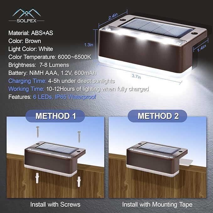 SOLPEX Solar Fence Lights, 6 LEDs Solar Lights Outdoor Waterproof Solar Powered for Deck, Stair, Front Porch, Balcony, Walkway, Garden, Yard, Patio, Pool Decor, IP65 Waterproof (16 Pack, Cold White)