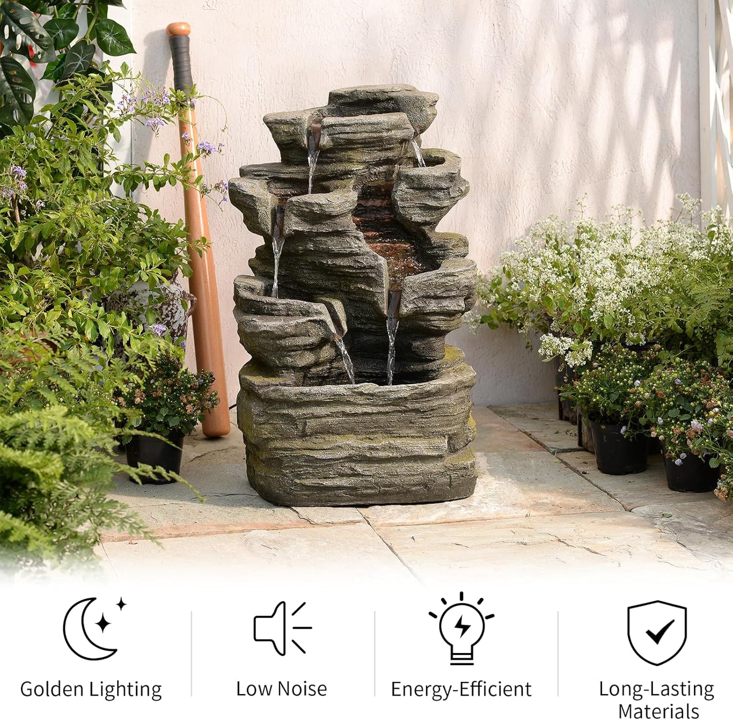 6-Tier Cascading Rock Water Fountain Outdoor Garden Waterfall Decor for Garden, Patio, Backyard, Deck, Porch and Home Art Decor,24.4" H Outdoor Fountain with Lights