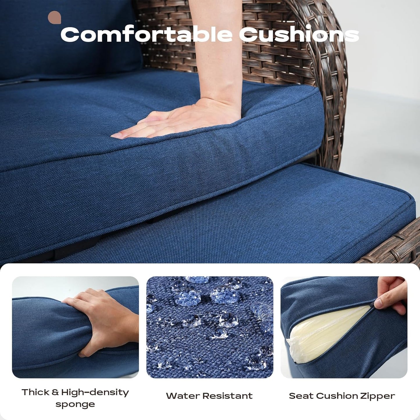 5 Piece Patio Furniture Set - Wicker Balcony Furniture Set with Hidden Ottomans, Rattan Outdoor Patio Chairs with Side Table for Porch Deck Poolside Garden Brown/Blue