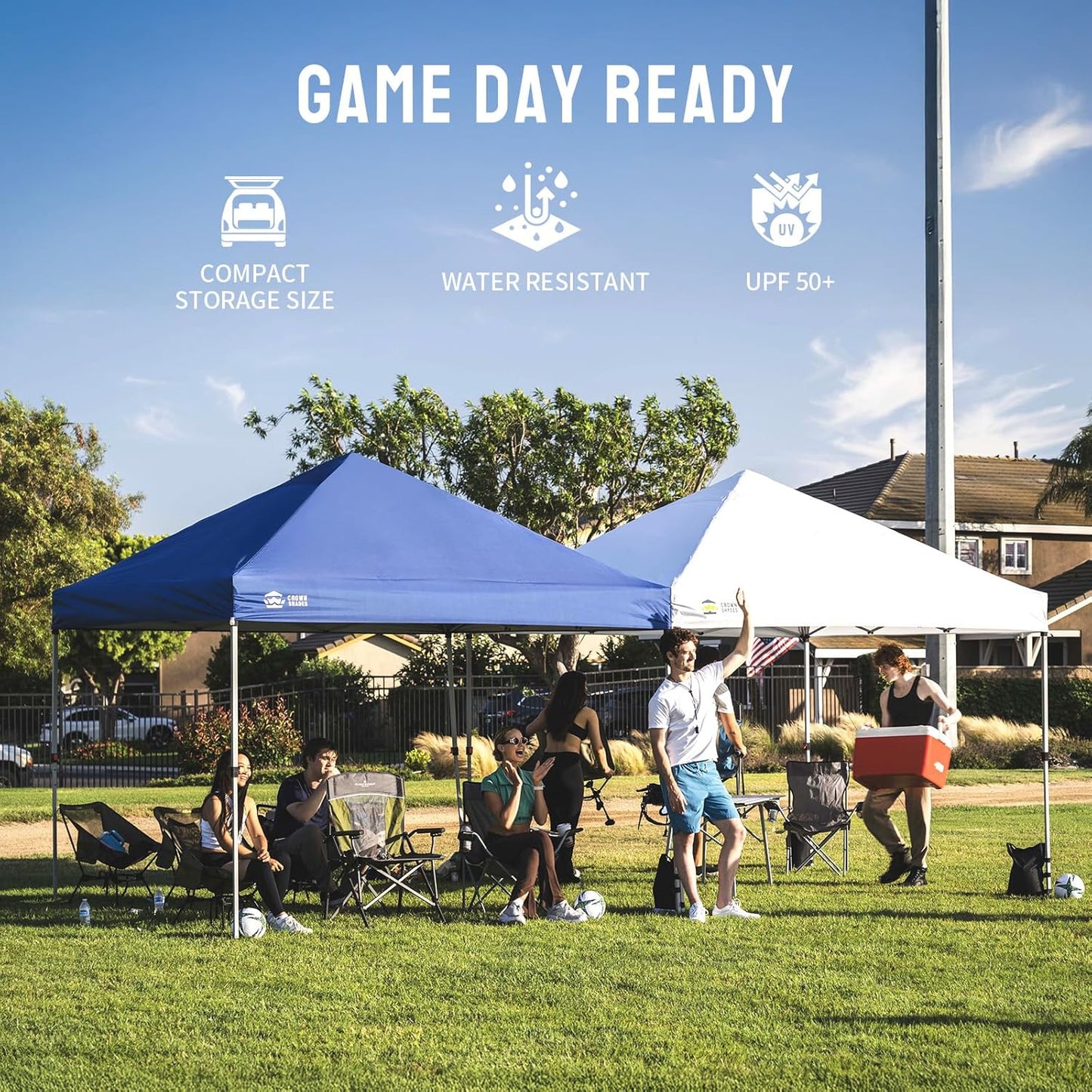 CROWN SHADES 8x8 Pop Up Canopy - Beach Tent with One Push Setup - Easy Outdoor Sun Shade for Events, Parties, Camping - Gazebo with STO-N-Go Cover Bag, Silver Coated Top, Blue