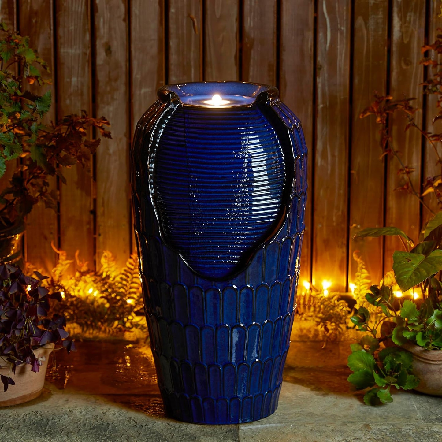 Glitzhome 28.25" H Oversized Ceramic Petals Textured Jar Outdoor Water Fountain, Vintage Cobalt Blue Glaze Vase Patio Garden Waterfall Fountain with LED Light and Submersible Pump