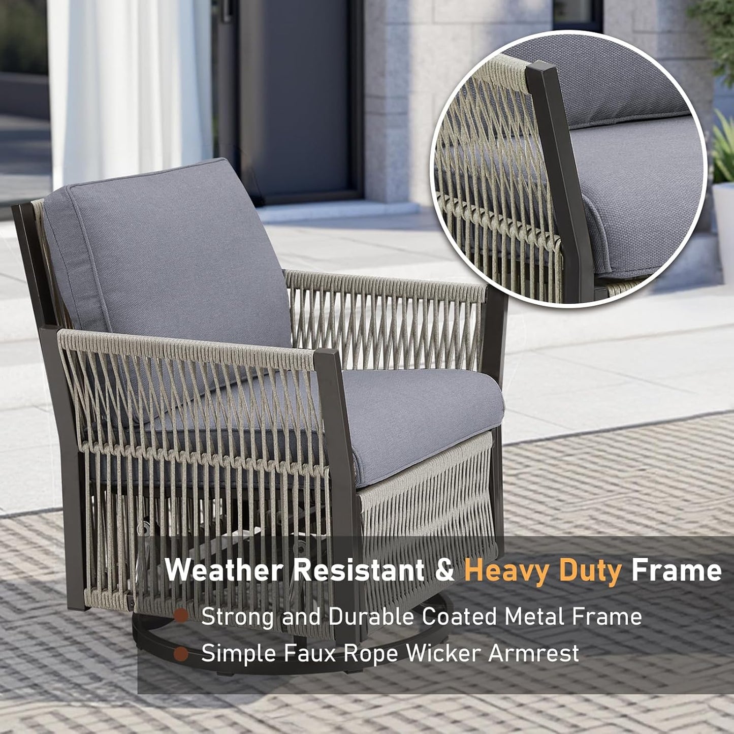 Patio Furniture Wicker Outdoor Conversation Set, 6-Piece All Weather Patio Furniture Rattan Sofa Sets w/Swivel Rocking Chairs & Ottomans, Side Table for Backyard, Balcony, Deck, Dark Grey