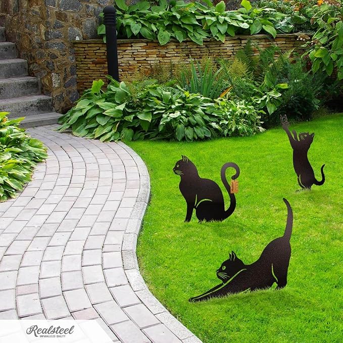 RealSteel I 3 Pack Steel Cat Garden Decor I Outdoor Yard Decorations I Gift for Cat Lovers I Lawn Ornaments and Statues I Garden Signs Decorative Outdoor - Gold